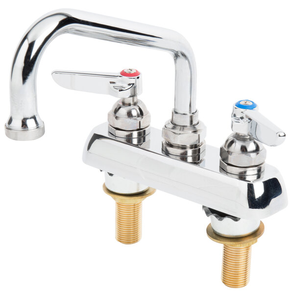 A chrome T&S deck-mount workboard faucet with two handles and a 6" swing nozzle.