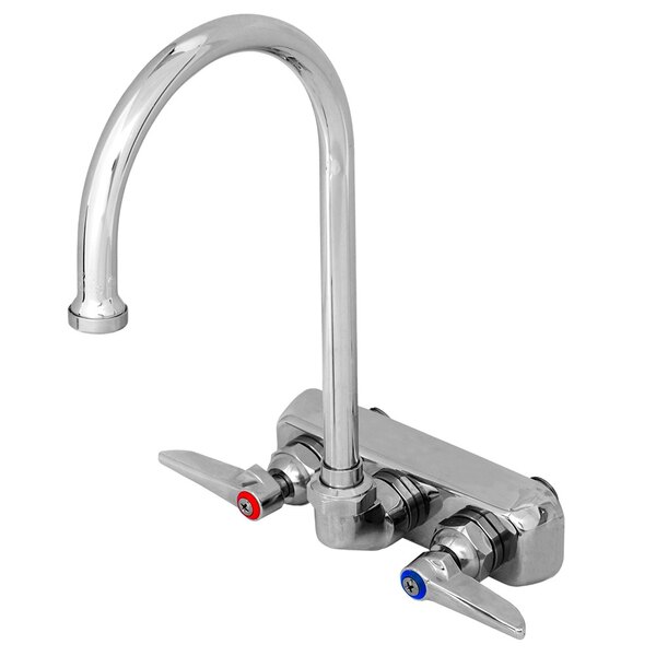 A chrome T&S wall mount faucet with a gooseneck spout and two handles, one blue.