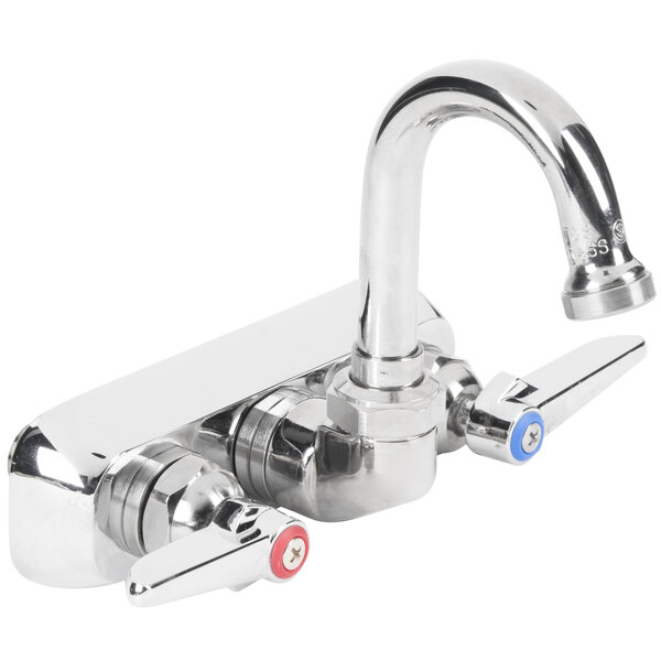 A chrome T&S wall mount faucet with two handles and a gooseneck spout.
