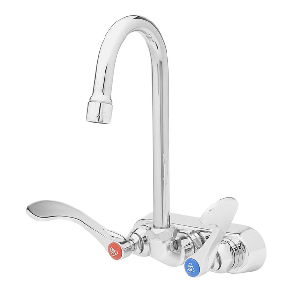 T&S B-1146-02A-WH4 Wall Mount Workboard Faucet with 4" Centers, 4 3/8" Gooseneck Spout, Escutcheon, Aerator, 4" Wrist Action Handles, and Tailpieces