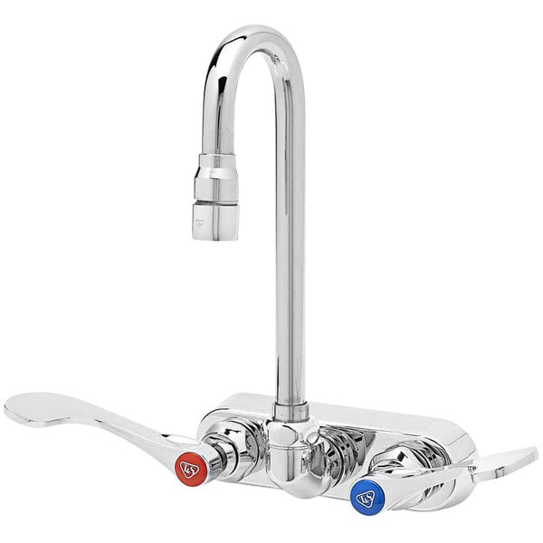 A chrome T&S wall mount faucet with two blue and red lever handles.