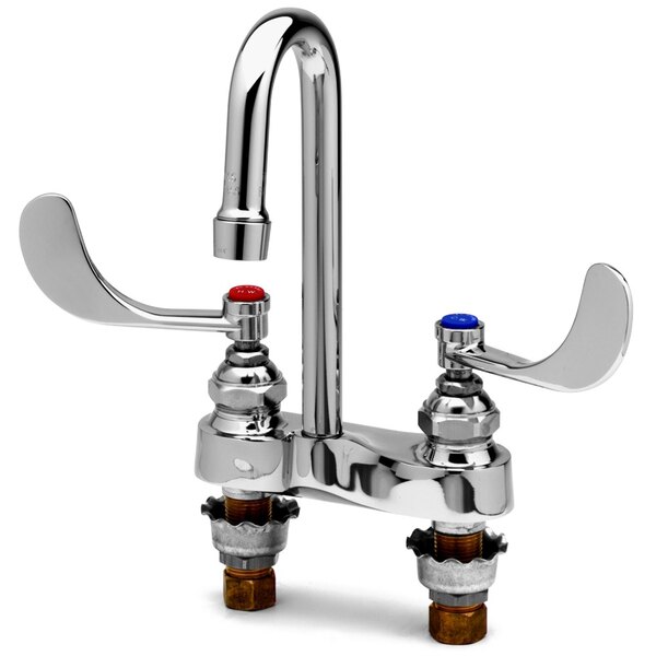 A T&S chrome deck mount faucet with gooseneck spout and wrist action handles.
