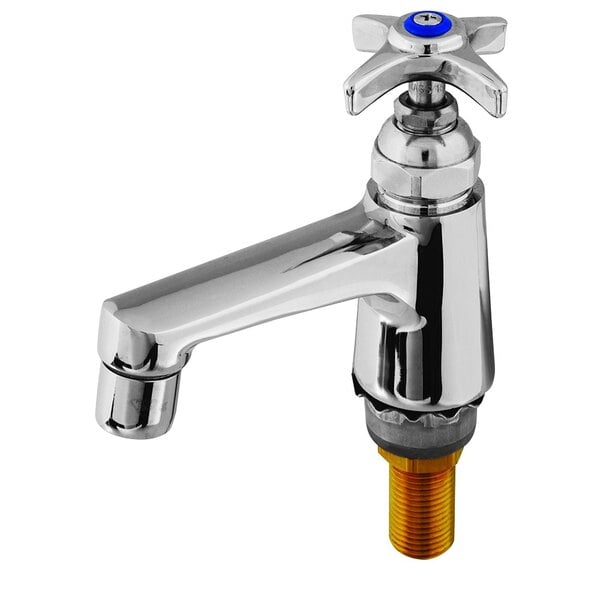 A chrome T&S mop sink faucet with a blue and yellow handle.