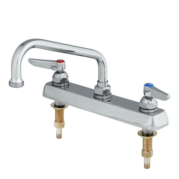 A T&S chrome deck-mount faucet with two handles.