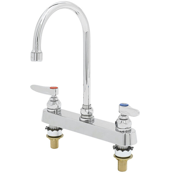 A chrome T&S deck-mount workboard faucet with two gooseneck faucets.