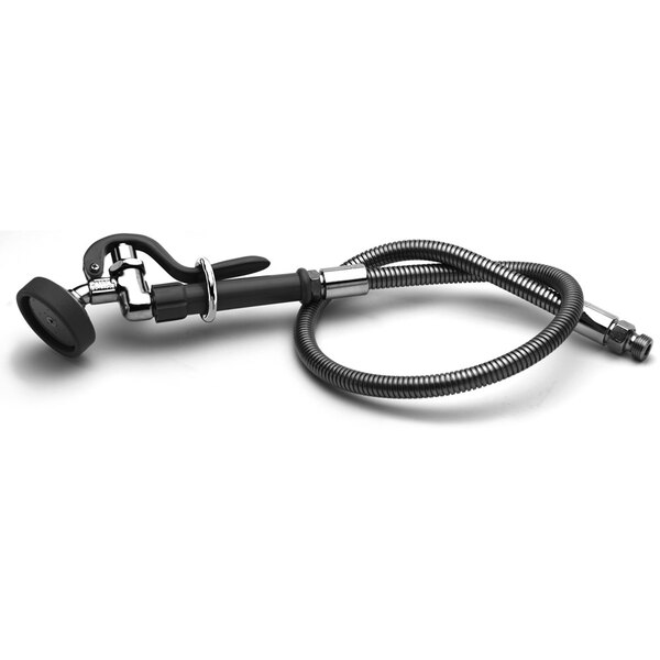 A stainless steel flex hose with a metal nozzle and black handle.