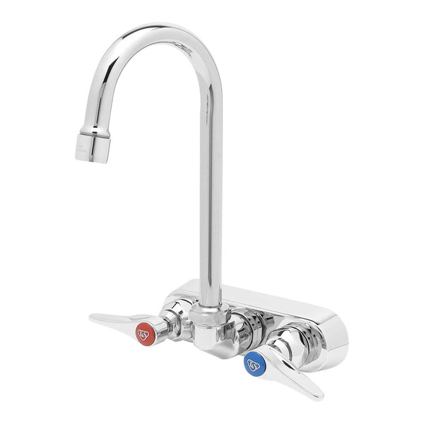 A T&S chrome wall mount faucet with two handles, one blue.