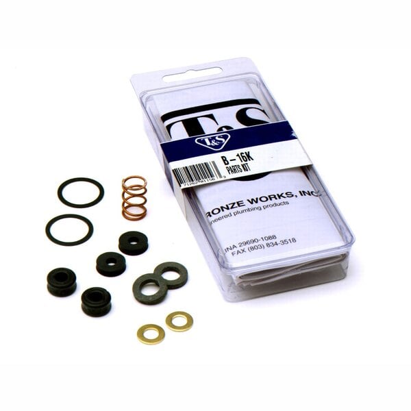 A T&S replacement parts kit with rubber and metal components in a plastic container.