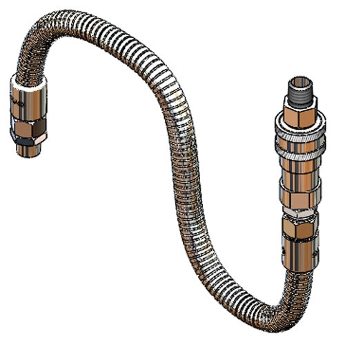 A drawing of a T&S stainless steel flex hose attached to a metal pipe.