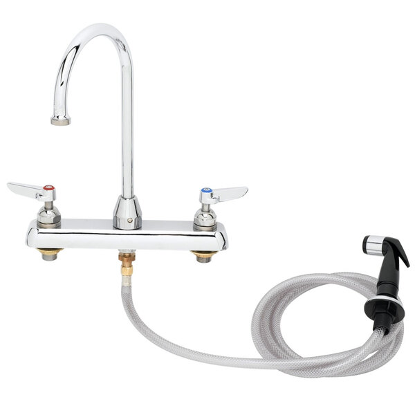A T&S chrome deck mount workboard faucet with a sidespray hose.