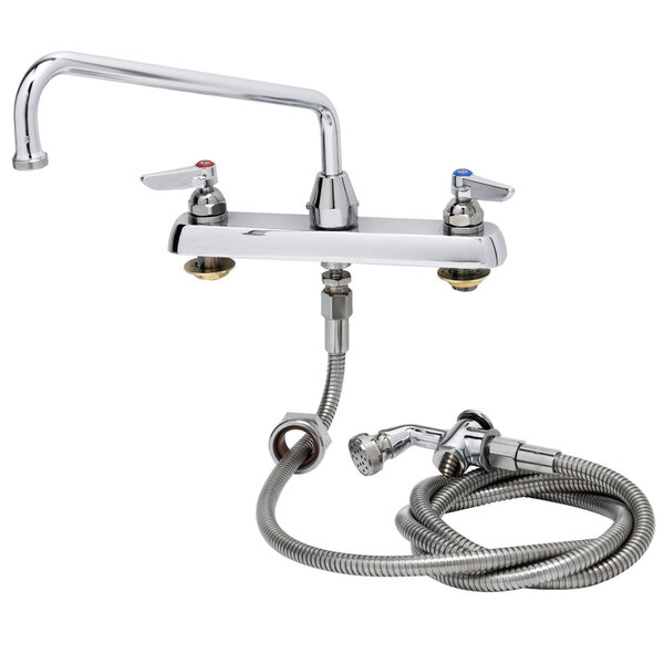 A T&S chrome deck mount workboard faucet with a 12" swing nozzle and a hose.