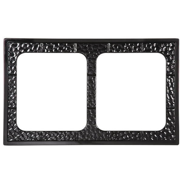 A black square melamine plate with two cut-outs.