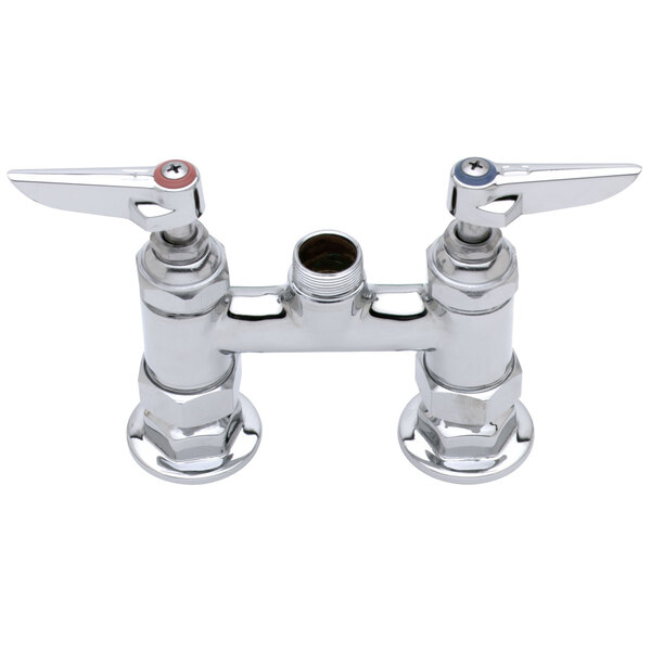 A T&S chrome deck mount faucet base with 6" centers.