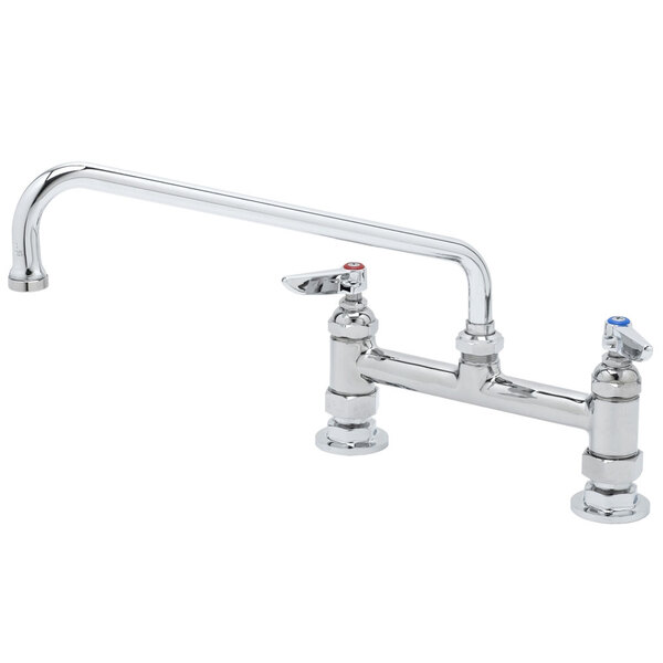A T&S chrome deck-mount faucet with two handles.