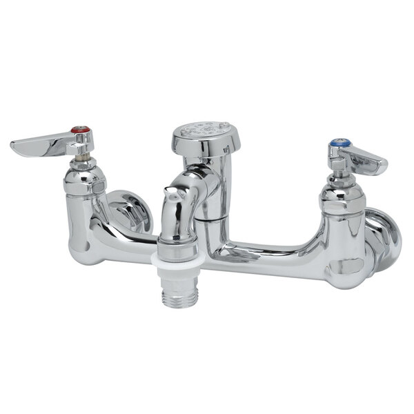 A T&S polished chrome wall mount service sink faucet with two handles and two faucets.