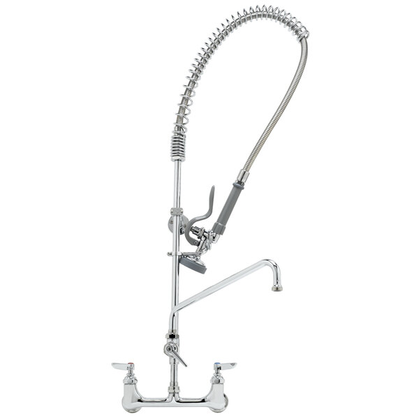 A T&S chrome pre-rinse faucet with a hose attached.