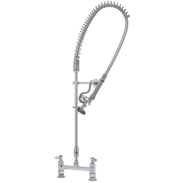 A silver T&S deck mounted pre-rinse faucet with a hose.