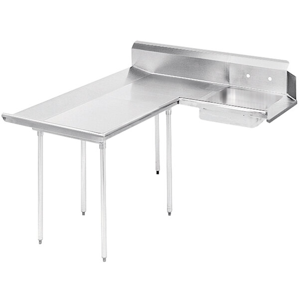 A stainless steel L-shaped dishtable with legs.