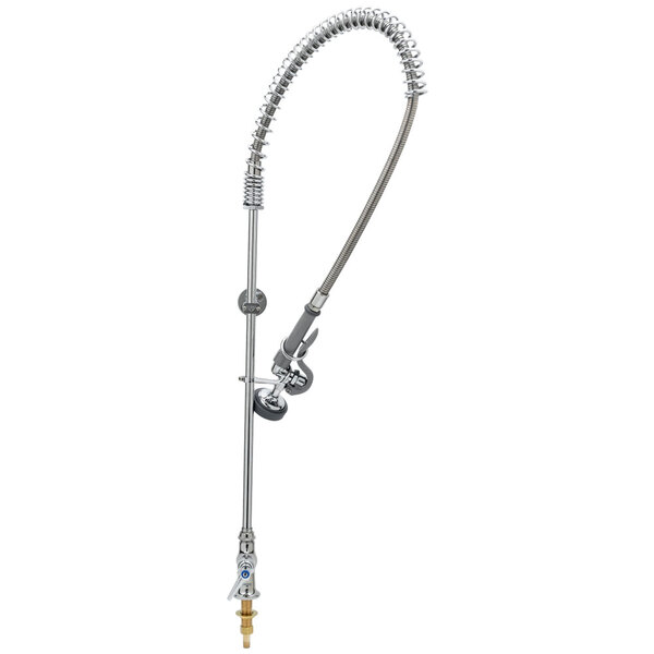 A silver T&S EasyInstall deck mounted pre-rinse faucet with a hose.
