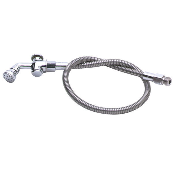 A T&S stainless steel pre-rinse flex hose with angled rosespray spray valve.