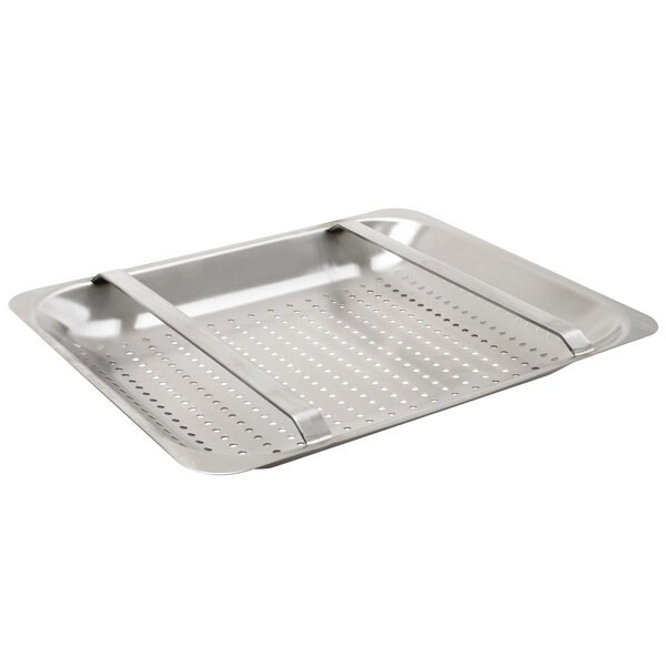 A stainless steel tray with holes designed for a slide bar.
