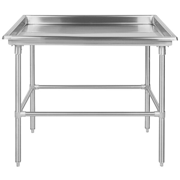 A rectangular stainless steel Advance Tabco sorting table with legs.