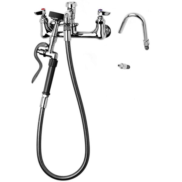 A T&S chrome wall mount pot and kettle filler faucet with hose and hook nozzle.