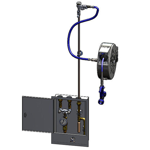 A T&amp;S enclosed hose reel and control cabinet machine with pipes and valves.