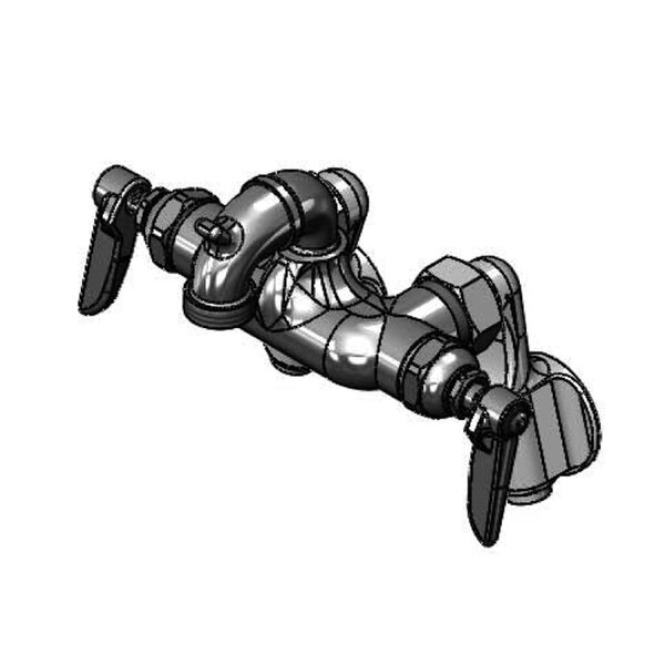A drawing of a T&S wall mount faucet with lever handles and a metal pipe.