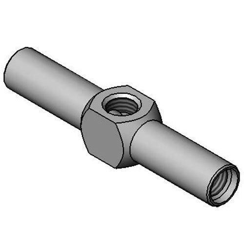 A T-shaped metal pipe with a nut on it.
