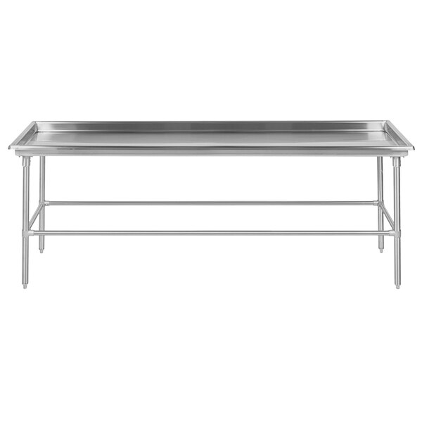 A silver rectangular Advance Tabco stainless steel sorting table with legs.