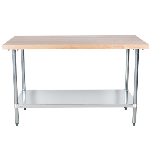 A wood top Advance Tabco work table with a galvanized base and shelf.