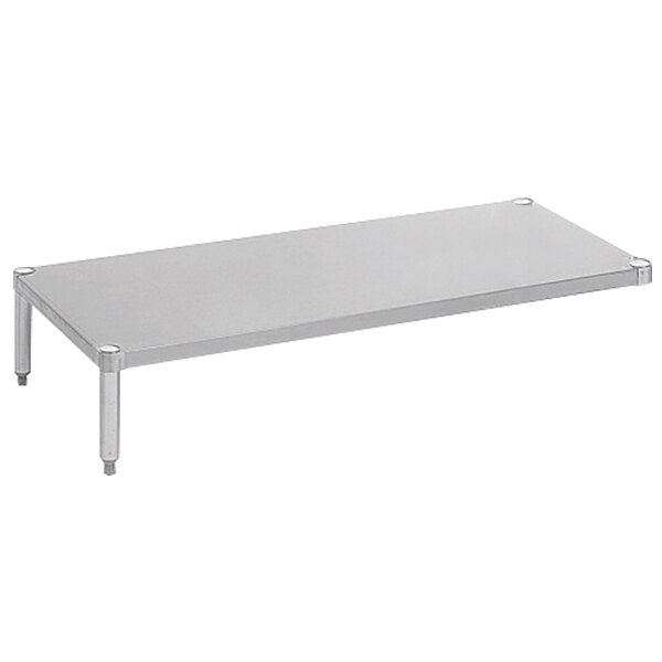 A white rectangular table with metal legs and a stainless steel undershelf.