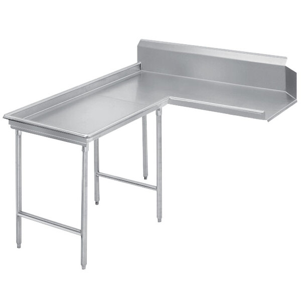 A stainless steel L-shape dishtable with a corner.