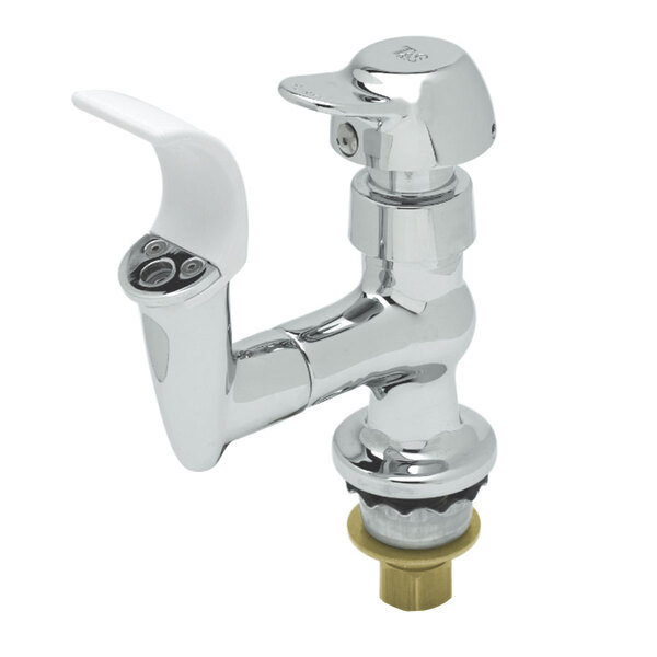 A T&S brass bubbler with a chrome finish and flip up handle with white accents.