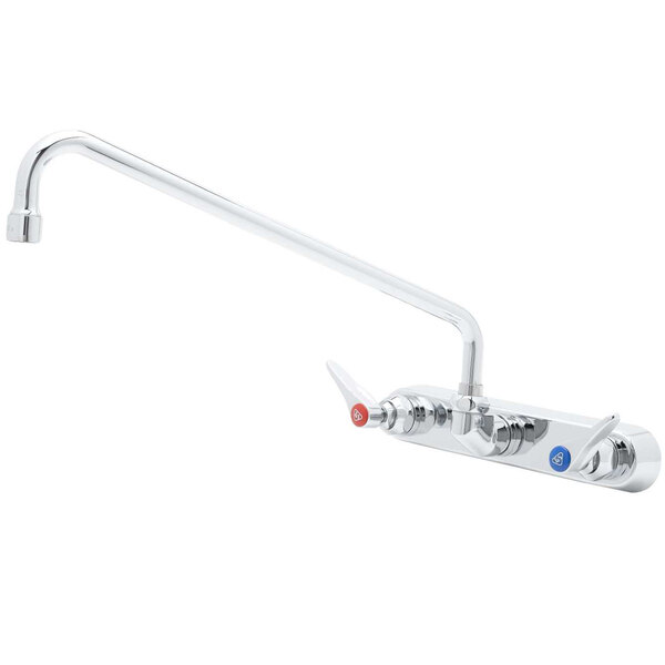 A T&S chrome wall mount faucet with lever handles and a swing spout.