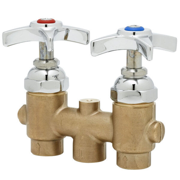 The T&S B-2297 mixing valve with red and blue arm handles.
