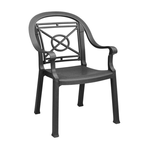 A pack of 4 black Grosfillex Victoria Classic stacking resin armchairs with armrests.
