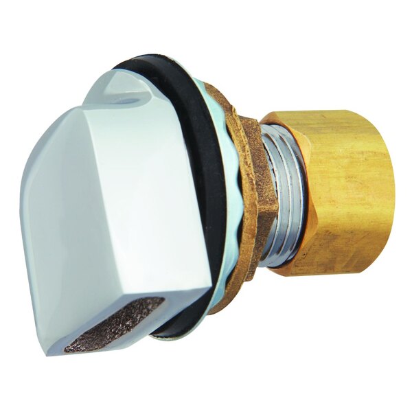 A close-up of a brass and white T&S water inlet fitting.