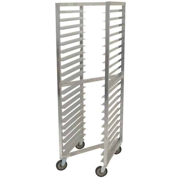 An Advance Tabco metal sheet pan rack with wheels.
