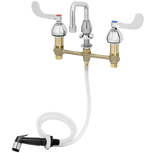 A T&S deck mount faucet with sidespray and swing nozzle.