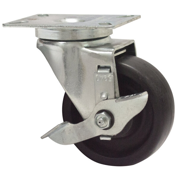 An Advance Tabco swivel plate castor with a metal and black wheel.