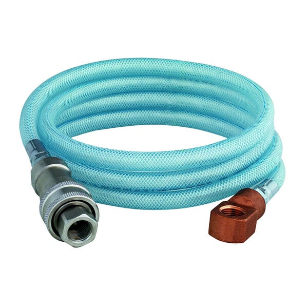 A close-up of a T&S blue vinyl hose with two quick disconnect fittings.