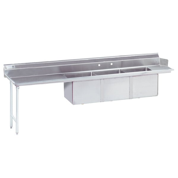An Advance Tabco stainless steel dishtable with a left drainboard and three compartment sink.