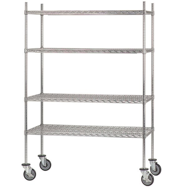 A chrome plated Advance Tabco mobile wire shelving unit with rubber swivel casters.