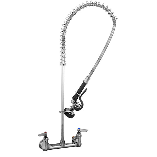 A silver T&S wall mounted pre-rinse faucet with a hose.