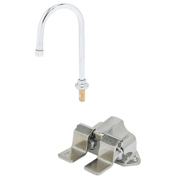 A T&S chrome deck mounted faucet with floor pedals and a rigid gooseneck spout.