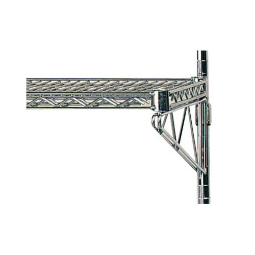 An Advance Tabco metal shelf bracket attached to a metal shelf.