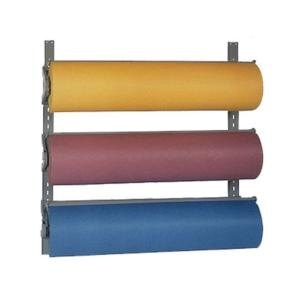 A Bulman horizontal three paper roll wall rack holding three rolls of paper.