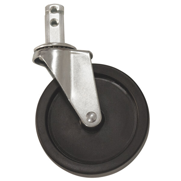 A black and silver Advance Tabco swivel stem caster wheel.